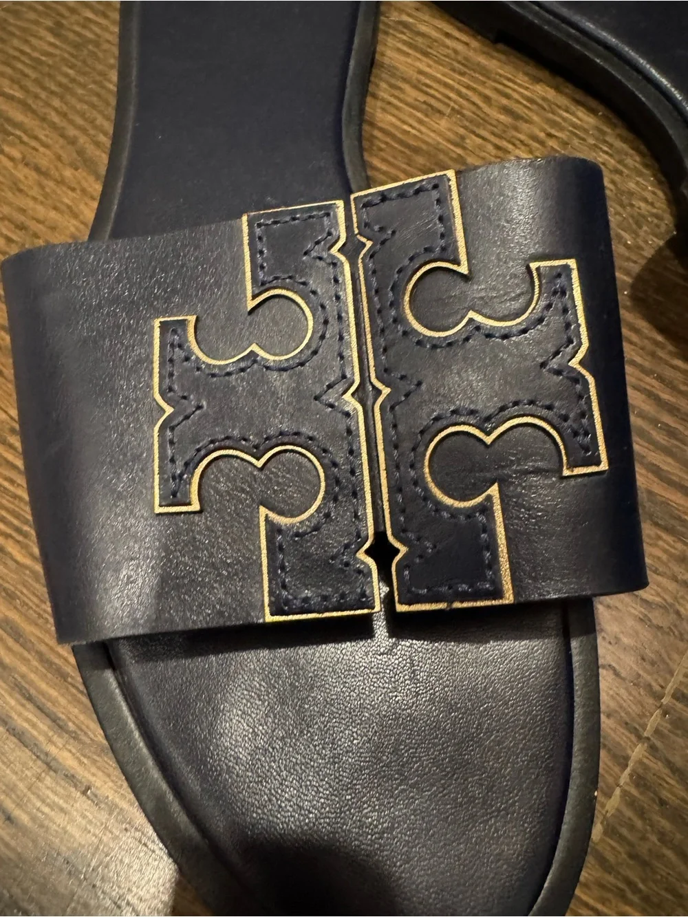 Tory Burch Double-T Sport Slide Sandal Navy Gold 10 Summer Designer Luxury
